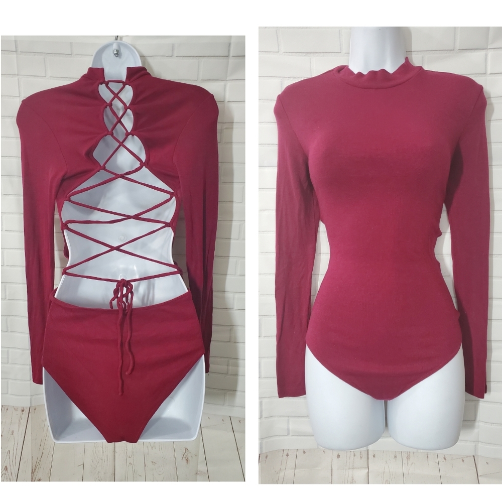 UK2LA Wine Burgundy Open Back Criss Cross Bodysuit